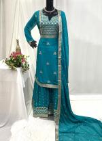 Uppada Silk Sky Blue Traditional Wear Hand Work Readymade Plazzo Suit